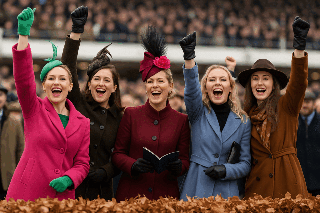 Five women in colorful coats and hats cheer with raised fists at an outdoor event.